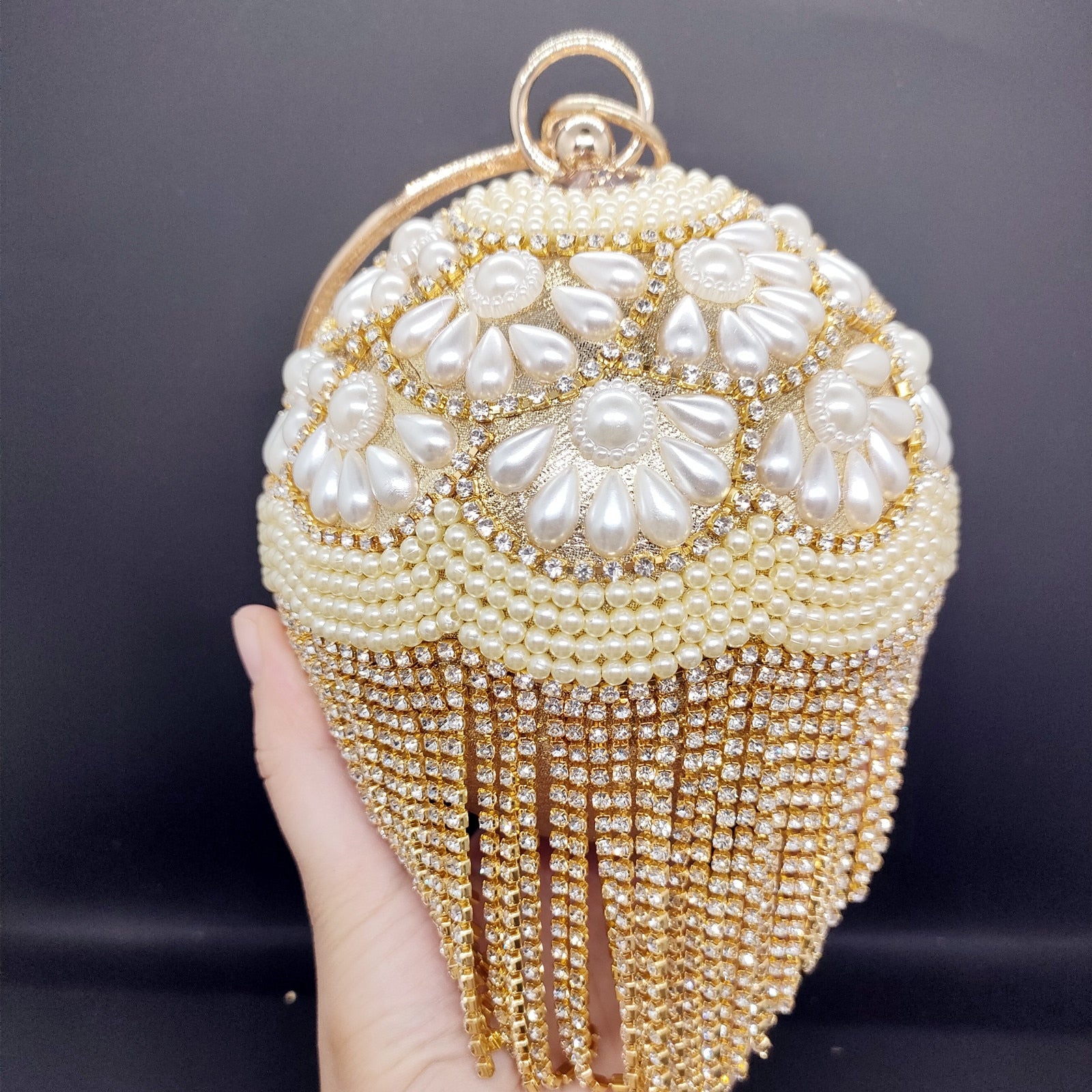 DG PEAFLOW Round Circular Gold Diamond Tassel Bridal  Women Evening Party Crystal Clutch Bag Wedding Wristlets Purse Main image