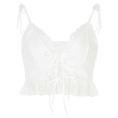 Frill Lace Sexy Crop Tops Tees Women Front Tie Sleeveless Cami Top Summer White V Neck Spaghetti Strap Top Party Club