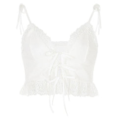 Frill Lace Sexy Crop Tops Tees Women Front Tie Sleeveless Cami Top Summer White V Neck Spaghetti Strap Top Party Club