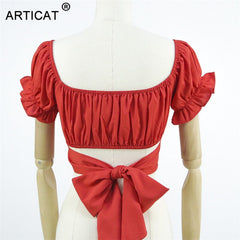 Articat Sexy Off Shoulder Backless Bow Tie Crop Tops Women V Neck Ruffles Sleeve Mini T Shirts Summer Street Tees Casual Beach