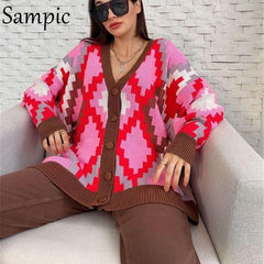Sampic Loose Patchwork Knitwear Winter 2021 Women Cardigans Tops Oversized Long Sleeve Y2K V Neck Sweater Casual Fashion Tops