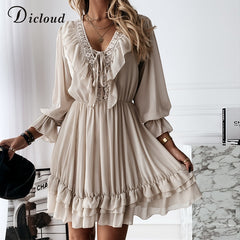 DICLOUD Sexy Lace Women&#39;s Party Dress Elegant Long Sleeve Ruffle Chiffon White Dress Summer V Neck Ladies Wedding Clothing 2021