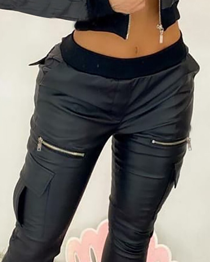 Plain PU Leather Zipper Pocket Pants