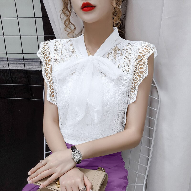 Solid Hollow Out Shirt Korean Fashion Clothing Vintage Sleeveless 2022 Womens Tops and Blouses Lace Patchwork Blusas 9811