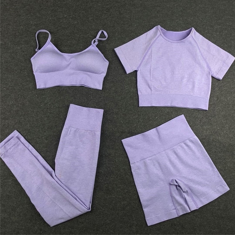 Seamless Leggings+Short Sleeve Crop Top+Sports Bra+Sport Shorts Yoga Set