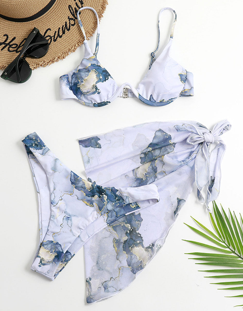 Sexy Marble Long Sleeve Bikini Female Swimsuit Women Swimwear Plus Size Bikini set Halter Bather Bathing Suit Swim