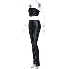 Pu Leather Strapless Crop Tube Tops Long Pants Two Piece Set