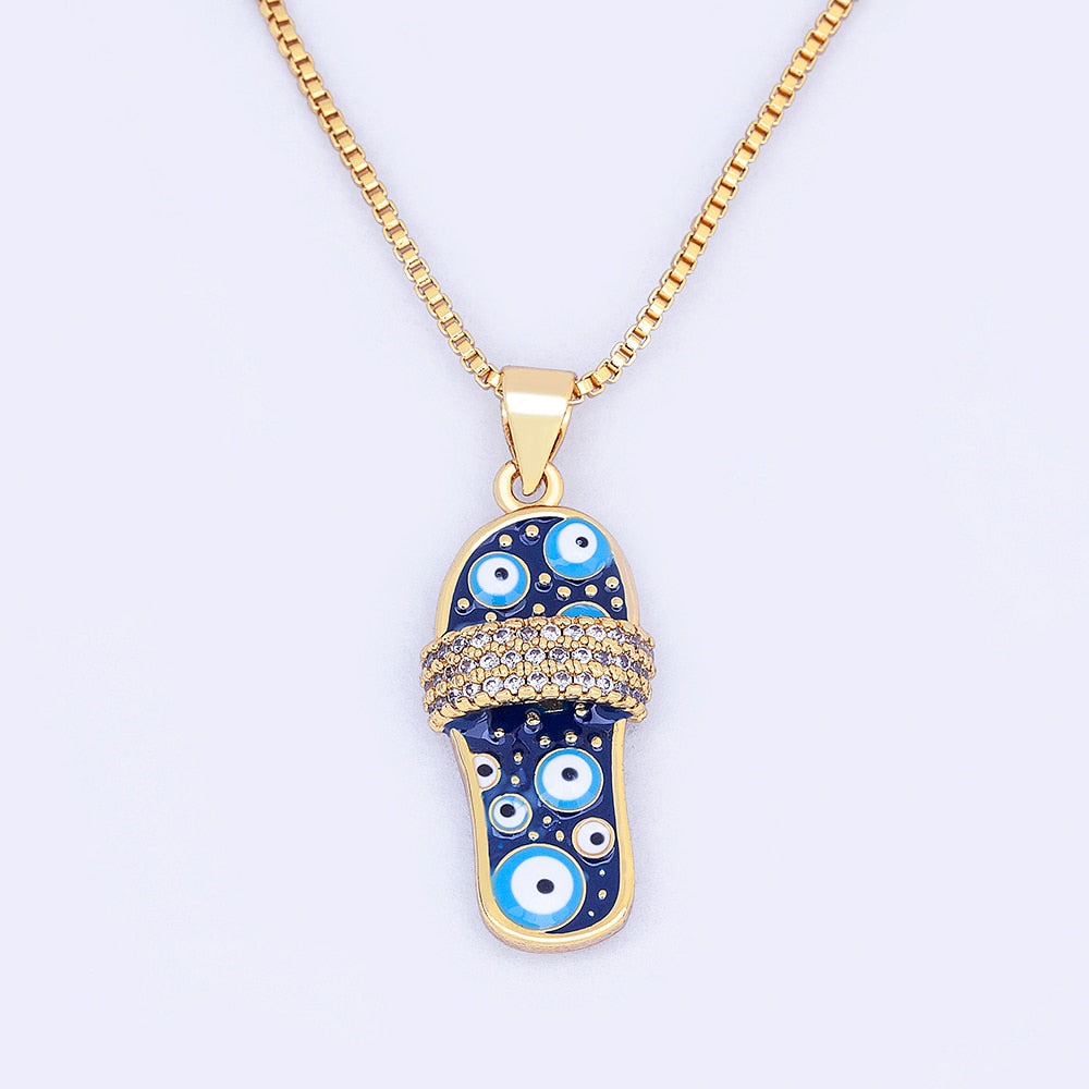 Rhinestone Enamel Slipper Pendant - Blue Evil Eye Necklace Chain Gold Plated