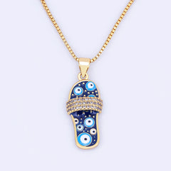 Rhinestone Enamel Slipper Pendant - Blue Evil Eye Necklace Chain Gold Plated