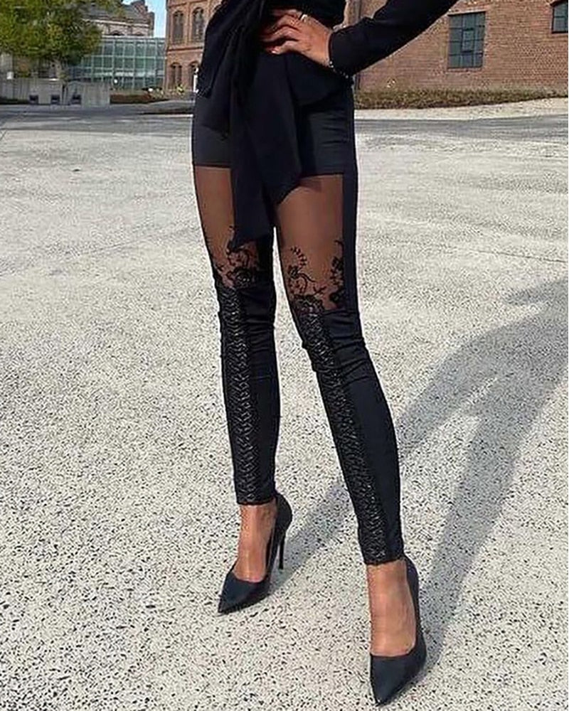 Spring Women Sheer Mesh Lace Embroidery Patch Pants 2022 New Sexy Femme High Waist Skinny Trousers Lady Clothing Clothing traf