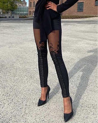 Spring Women Sheer Mesh Lace Embroidery Patch Pants 2022 New Sexy Femme High Waist Skinny Trousers Lady Clothing Clothing traf