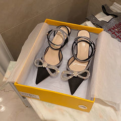 Aneikeh Spring/Autumn 2022 Women&#39;s Shoes Fashion Butterfly-Knot Narrow Band Bling Patchwork Cross-Tied Crystal Pointed Toe Pumps