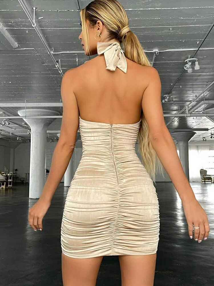 NewAsia Bodycon Dress Women Ruched Hollow out Halter Neck Tie up Backless Solid Color Zipper Mini Sexy Party Dress robe femme