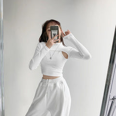 Hollow Knitted Crop Tops Women Fake Two-piece T-shirt Long Sleeve Tops
