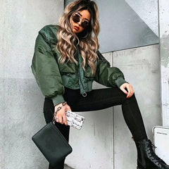 Green short jackets women fashion long sleeve zipper bomber jacket