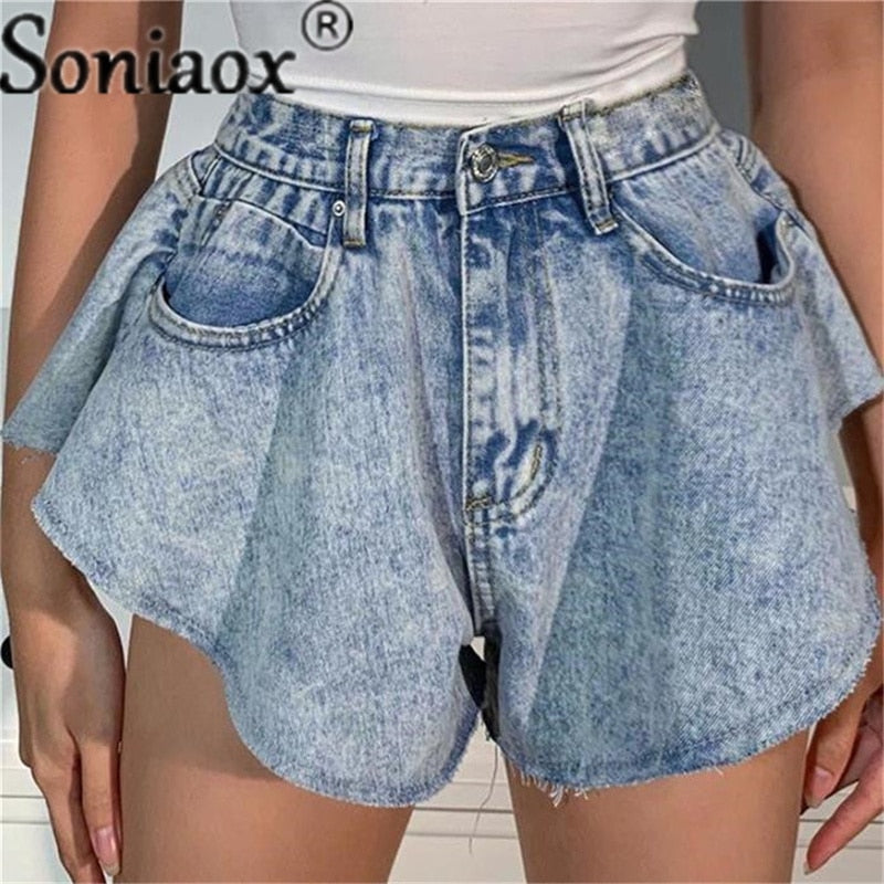 Ripped Denim Shorts Sexy High Waist Ruffle Hem Loose Ruched
