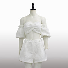 2022 New Summer Women 2 Piece Set  Puff Sleeve Short Crop Top High Waist Wide Shorts Tracksuit Sexy White Conjunto Two Piece Set