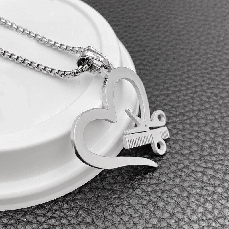 Stainless Steel Heart Scissors Haircut Barber Men's Necklace Pendant Chain