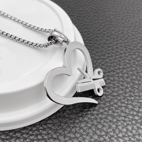 Stainless Steel Heart Scissors Haircut Barber Men's Necklace Pendant Chain