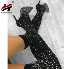 Women Boots Over The Knee Boots Fashion Rhinestone Pointed High Heel Outdoor Shoes