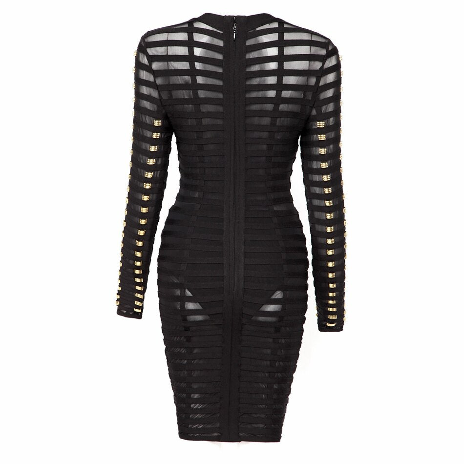 Free Shipping 2022 New Black Bandage Dress Women Spring Celebrity Party Dress Long Sleeve Mesh Mini Bodycon Club Dresses Vestido