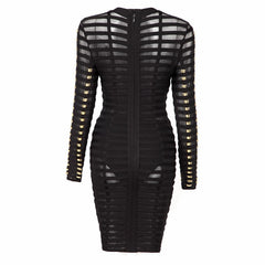Free Shipping 2022 New Black Bandage Dress Women Spring Celebrity Party Dress Long Sleeve Mesh Mini Bodycon Club Dresses Vestido