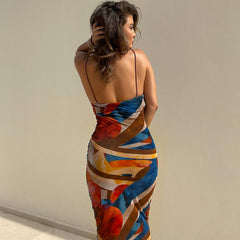 Jiselle Summer Autumn Sleeveless Printed Strap Dress