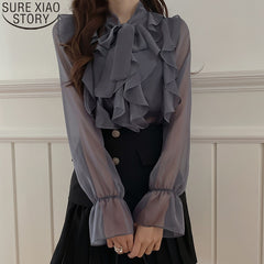 New Korean Chiffon Blouse Office Lady Fashion Tops Sweet Bow Blouse Women Blouses Casual Long Sleeve Summer Blouses Blusas 13864
