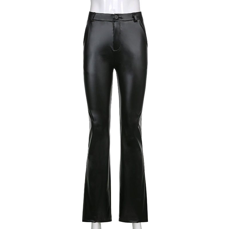 Black PU Leather Pants High Waist Skinny Trousers Casual Fashion Pants Capris Vintage Streetwear