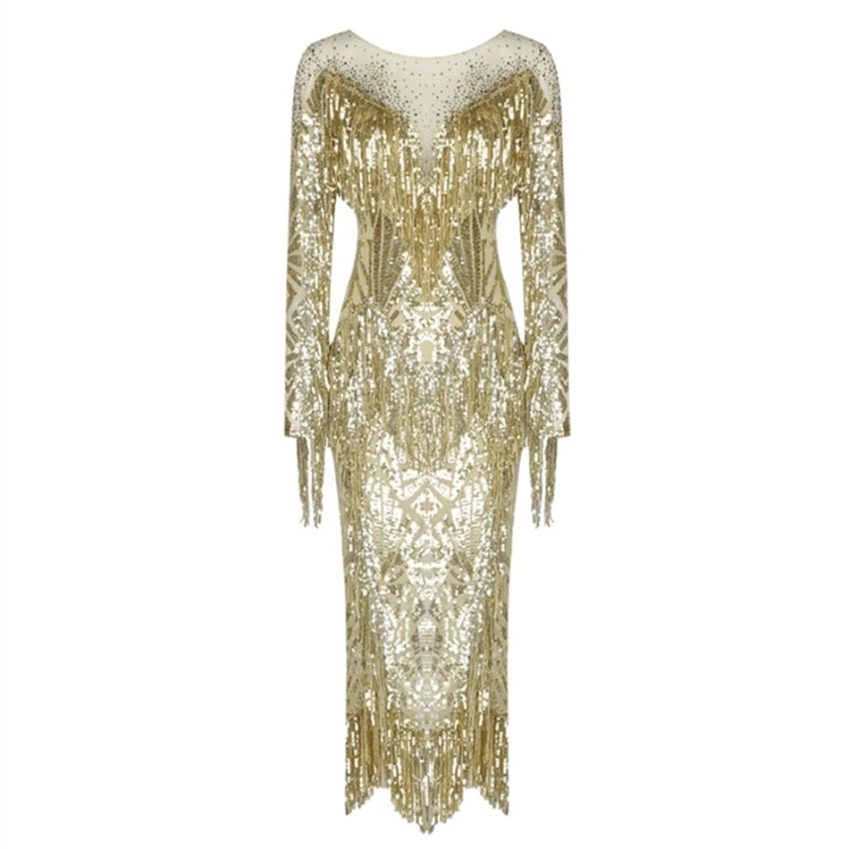 High Quality Gold Sequin Tassel Hot Diamond Design Long Sleeve Round Neck Midi Dress For Women Celebrity Evening Party Clothing