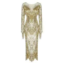 High Quality Gold Sequin Tassel Hot Diamond Design Long Sleeve Round Neck Midi Dress For Women Celebrity Evening Party Clothing