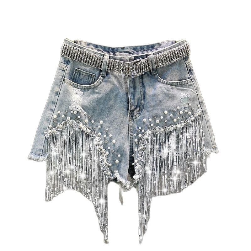 Elegant Shorts Lady Tassel Beading High Waist Wide Leg Denim one-piece