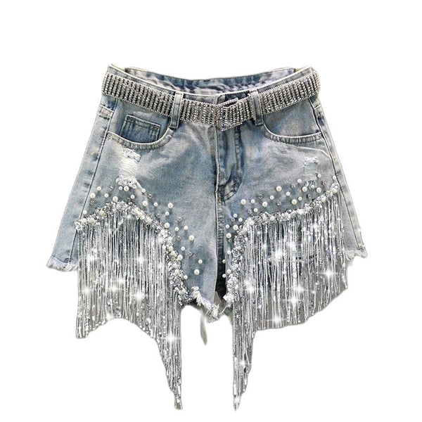 Elegant Shorts Lady Tassel Beading High Waist Wide Leg Denim one-piece