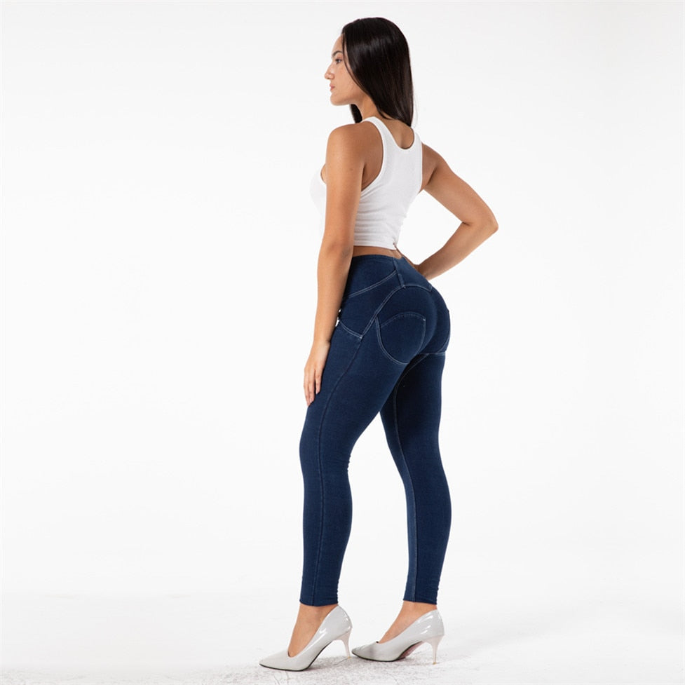 Melody Four Ways Stretchable High Waist Leggings 4 Buttons Fly Dark Blue Push Up Denim Jeggings Sexy Leggings For Women