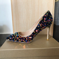 Blue Bling Sequins Women Sexy Extremely High Heels Pointed Toe Slip On Stiletto