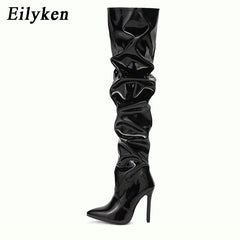 Pleated Patent Leather Motorcycle Over The Knee Pointed Toe Zip Thigh High boots