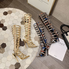 Woman Rome Sandal Boots Snake pattern gold Lady Knee High Boots Thin High Heels Stiletto Crystal Dress Summer Shoes Sandalias