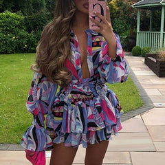 Fandy Lokar V Neck Suits Women Fashion Lantern Sleeve Suit Women Elegant Loose Ruffles Mini Skirts Suits Female Ladies