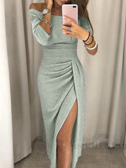 2022 New Women&#39;s Off Shoulder Long Sleeve Bodycon Evening Party Long Dress Asymmetrical Split Pencil Dresses S M L XL XXL
