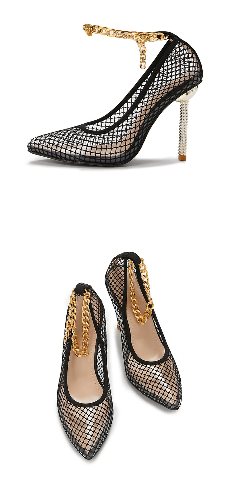 CHAIN Buckle Strap Lace Black Women Pumps PVC Transparent Mesh Thin Heels Shoes