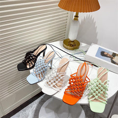 Fashion Handmade Design Weave Hollow Gladiador Sandals Women Summer Orange Square Toe Cross-Tied Stiletto Heels Ladies Shoes