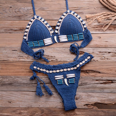 Blue Shell Beaded Bikinis Set Handmade Crochet