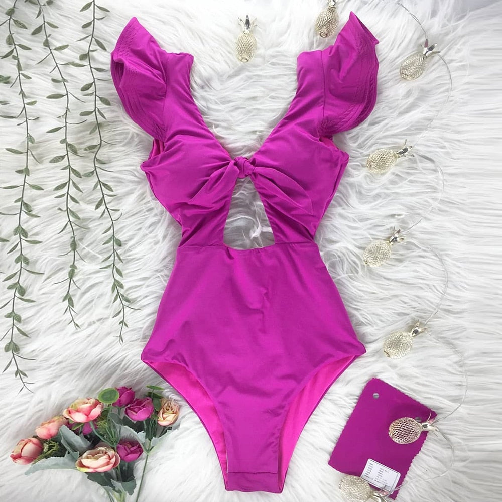 Ruffle Print One Piece Swimsuit Off The Shoulder Solid Deep-V Bathing Suit