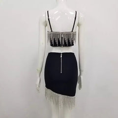 High Quality White Black Sparkly Tassel Two Pieces Set Weaving Rayon Bandage Dress Elegant Club Party Dress Vestidos