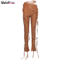 Weird Puss Women Faux Leather Pants Skinny Sling High Waist Pencil Pants Asymmetry Solid Chic Tight Trouser Fall 2021 Clothing