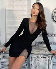 Beading Long Sleeve Rayon Bandage Sexy Hollow Out Mini Runway Dress