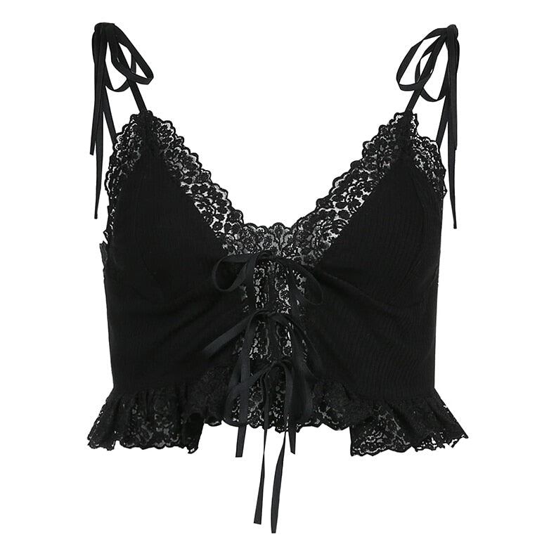 Frill Lace Sexy Crop Tops Tees Women Front Tie Sleeveless Cami Top Summer White V Neck Spaghetti Strap Top Party Club