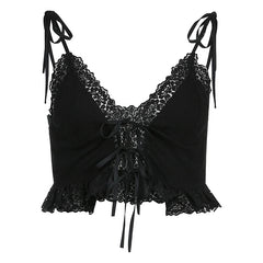 Frill Lace Sexy Crop Tops Tees Women Front Tie Sleeveless Cami Top Summer White V Neck Spaghetti Strap Top Party Club