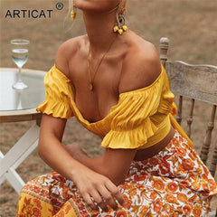 Articat Sexy Off Shoulder Backless Bow Tie Crop Tops Women V Neck Ruffles Sleeve Mini T Shirts Summer Street Tees Casual Beach