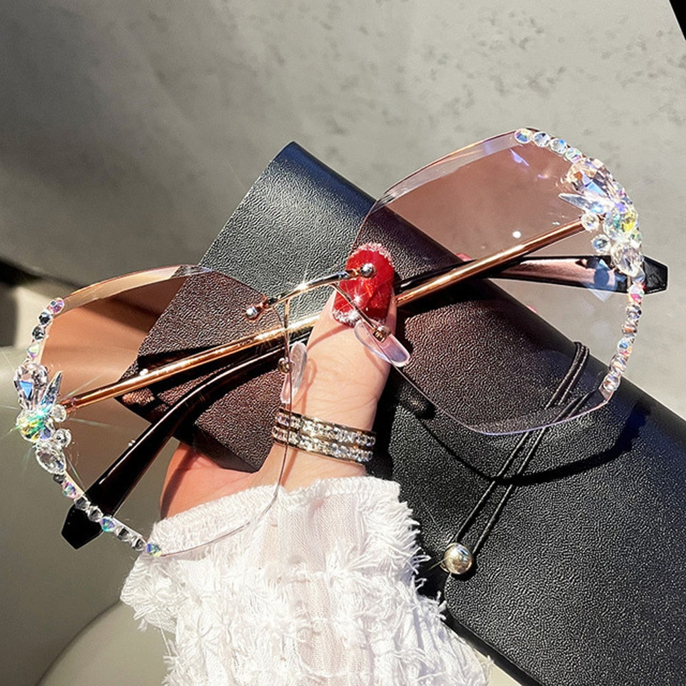 Vintage Rimless Rhinestone Sunglasses Gradient Lens Sun Glasses Shades